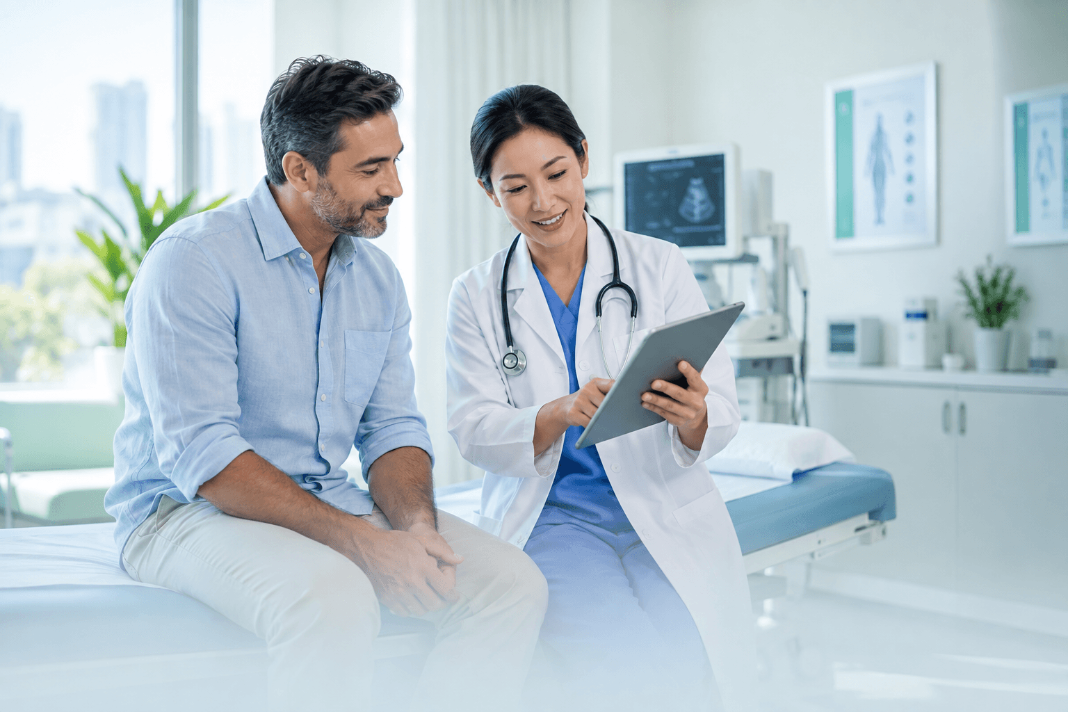 Doctor reviewing health screening results with an international patient