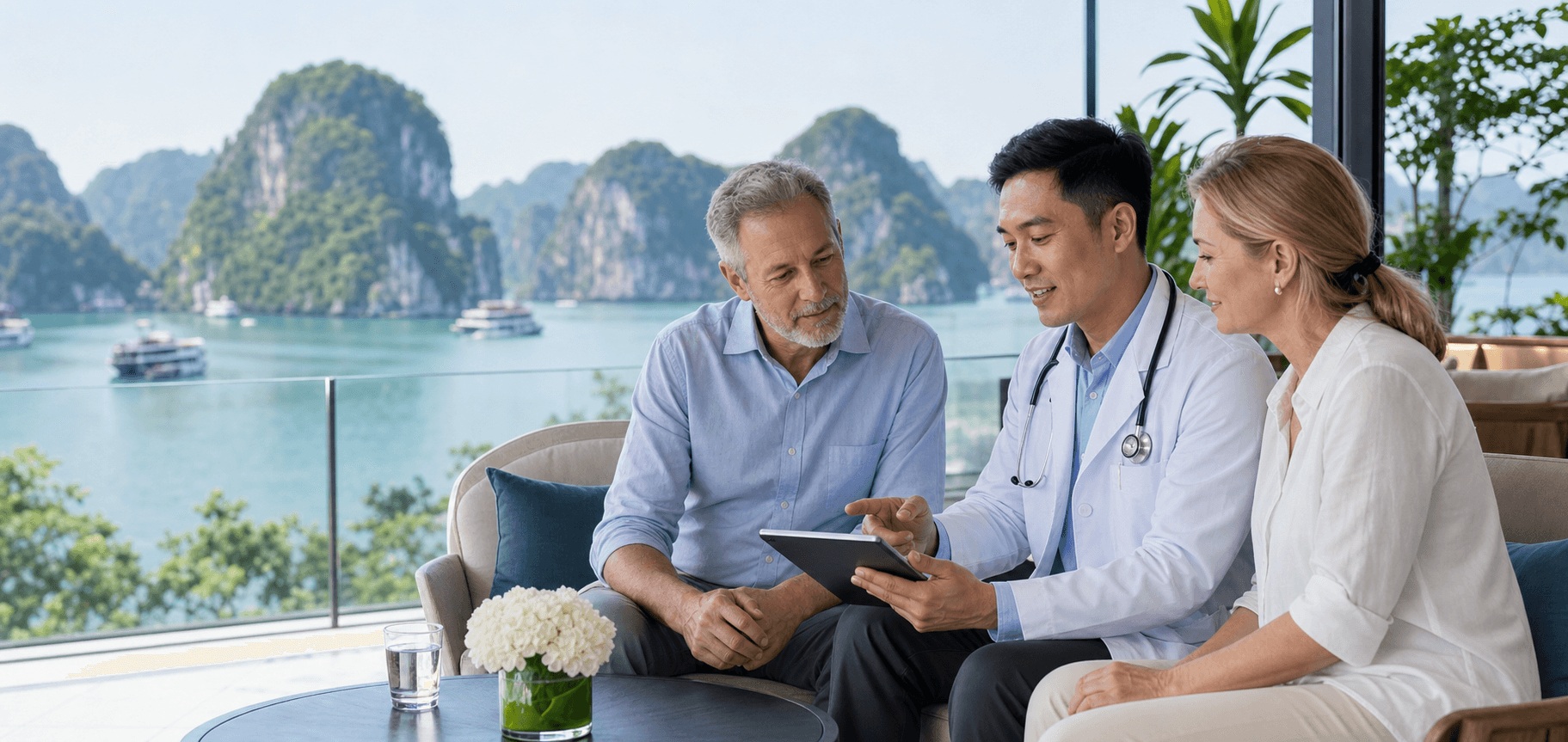 Vietnamese doctor supporting international patients with Ha Long Bay in the background